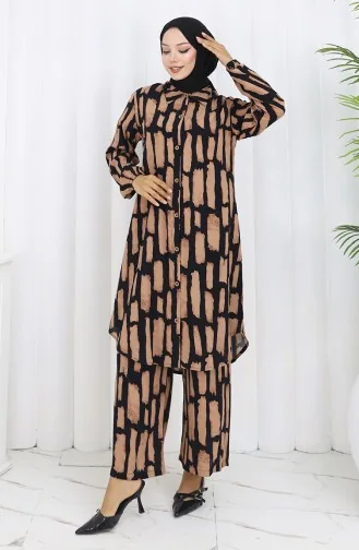 بدلة مزدوجة من قماش فيسكوز، بنطلون، تونيك، 0131-03، لون القهوة الحليبي، أسود 0131-03