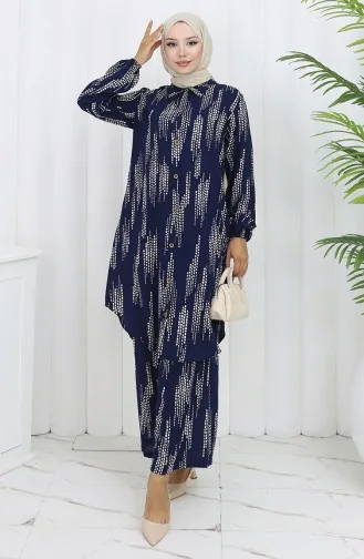 Viscose Fabric Tunic Trousers Two Piece Suit 0132-02 Navy Blue 0132-02