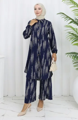 Viscose Fabric Tunic Trousers Two Piece Suit 0132-02 Navy Blue 0132-02
