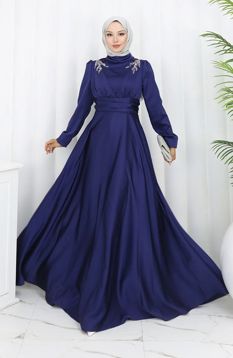 Satin Evening Dress 52880-01 Navy Blue 52880-01 | Sefamerve
