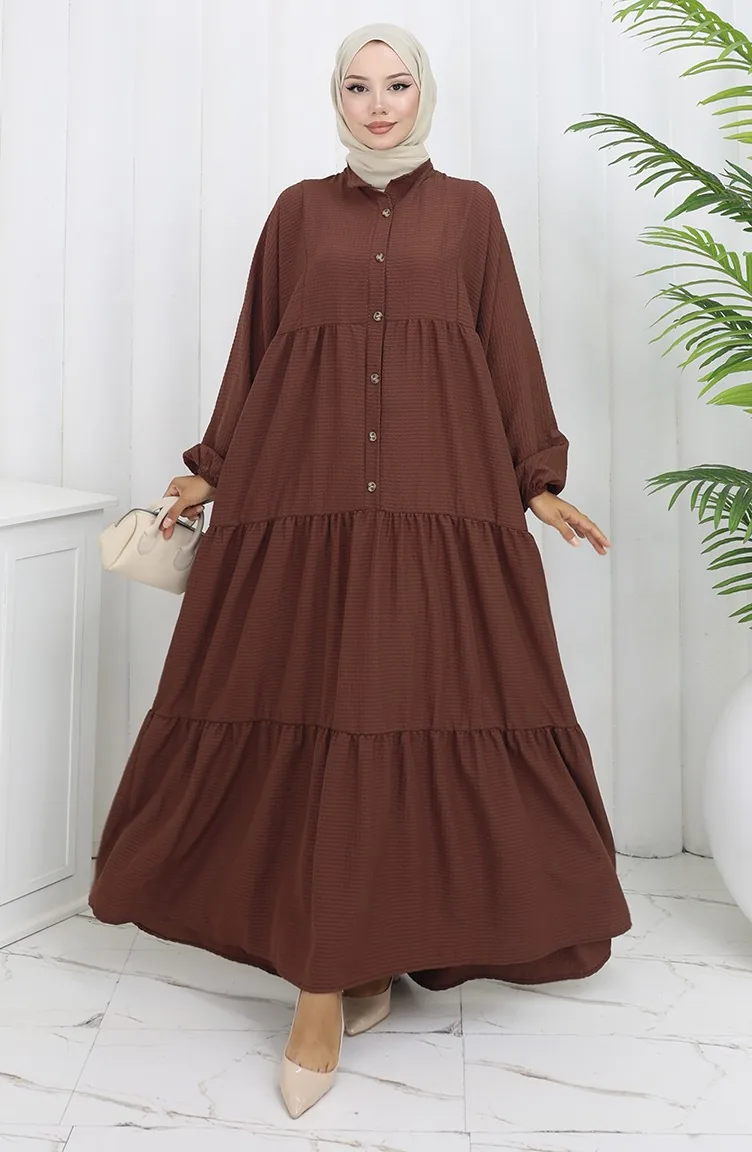 Seersucker Stoff Halbknopf Kleid 2131-01 Braun 2131-01