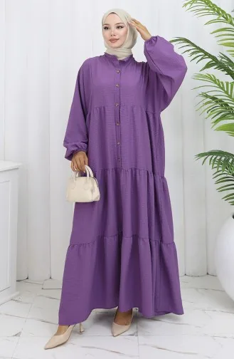 Gofre Kumaş Yarım Düğmeli Elbise 2131-04 Lila