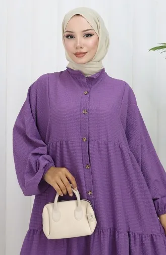 Gofre Kumaş Yarım Düğmeli Elbise 2131-04 Lila