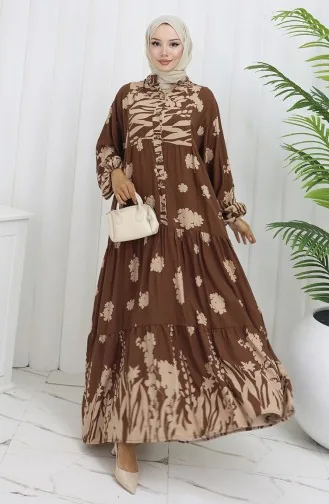 Viskose Stoff Halb Geknöpftes Kleid 2133-02 Braun Beige 2133-02