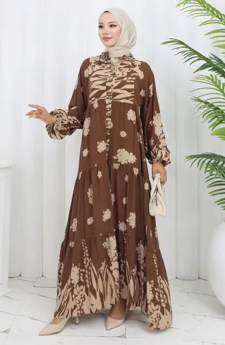 Viskon Kumaş Yarım Düğmeli Elbise 2133-02 Kahverengi Bej
