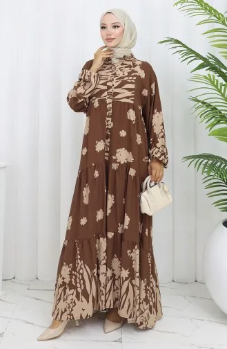 Viskon Kumaş Yarım Düğmeli Elbise 2133-02 Kahverengi Bej