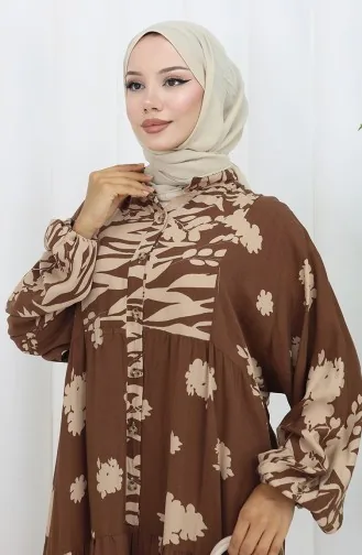 Viskon Kumaş Yarım Düğmeli Elbise 2133-02 Kahverengi Bej