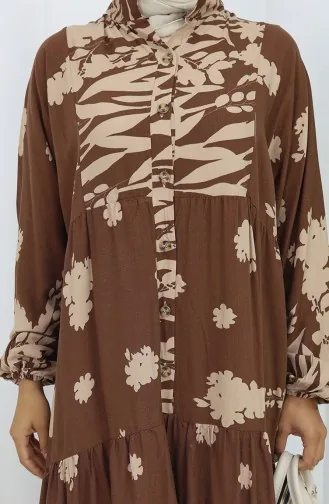 Viskon Kumaş Yarım Düğmeli Elbise 2133-02 Kahverengi Bej