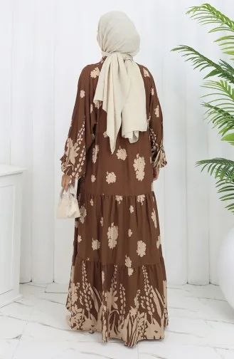 Viskon Kumaş Yarım Düğmeli Elbise 2133-02 Kahverengi Bej