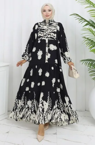 Viscose Fabric Half Buttoned Dress 2133-03 Black And White 2133-03