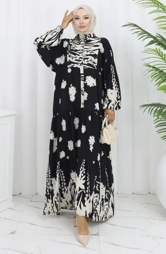 Viscose Fabric Half Buttoned Dress 2133-03 Black And White 2133-03