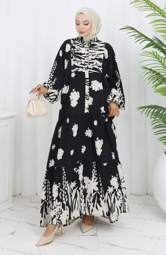 Viscose Fabric Half Buttoned Dress 2133-03 Black And White 2133-03