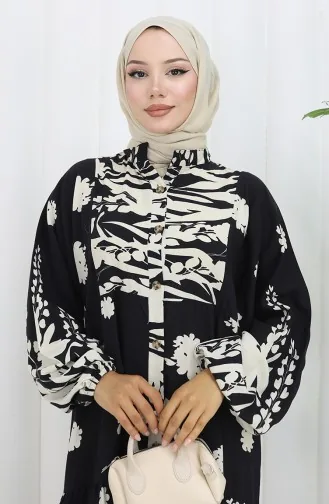 Viscose Fabric Half Buttoned Dress 2133-03 Black And White 2133-03