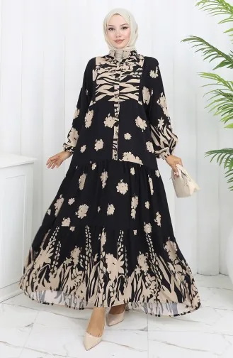 Robe Demi-boutonnée En Tissu Viscose 2133-04 Beige Noir 2133-04