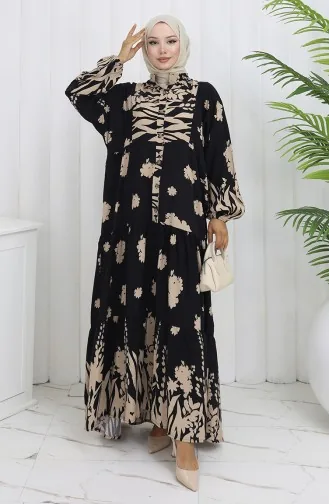 Robe Demi-boutonnée En Tissu Viscose 2133-04 Beige Noir 2133-04