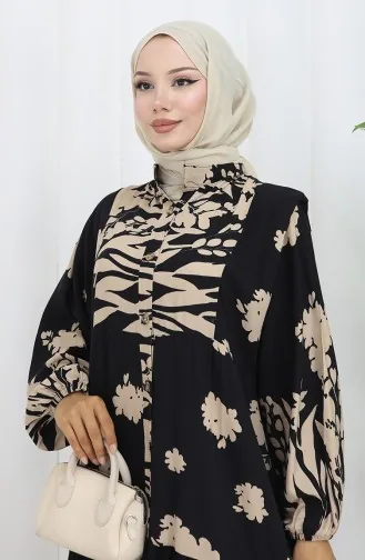 Robe Demi-boutonnée En Tissu Viscose 2133-04 Beige Noir 2133-04