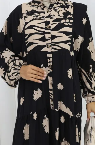 Robe Demi-boutonnée En Tissu Viscose 2133-04 Beige Noir 2133-04