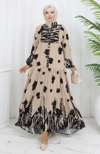 Robe Demi-boutonnée En Tissu Viscose 2133-05 Noir Beige 2133-05