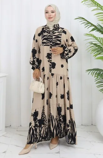 Robe Demi-boutonnée En Tissu Viscose 2133-05 Noir Beige 2133-05