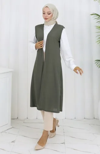 Gilet Simple Fin Et Basique Long Pour Femme Grande Taille 8763-04 Kaki 8763-04