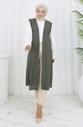 Gilet Simple Fin Et Basique Long Pour Femme Grande Taille 8763-04 Kaki 8763-04