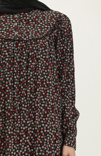 Büyük Beden Desenli Viskon Elbise 4473A-01 Siyah Kırmızı
