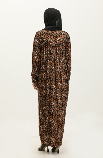 Büyük Beden Desenli Viskon Elbise 4473B-01 Kahverengi