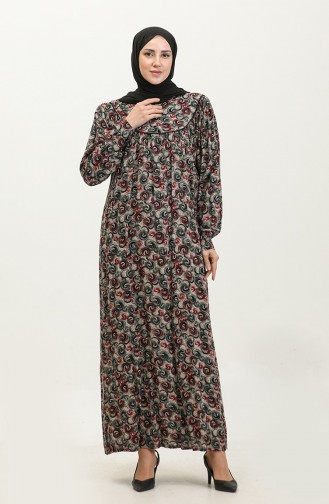 Plus Size Patterned Viscose Dress 4473F-01 Khaki 4473F-01