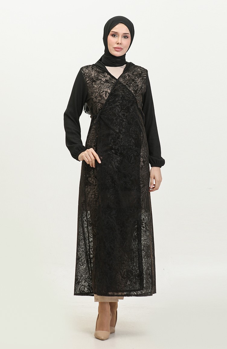 Sefamerve, Lace Covered Tie-Down Cape 4481C-02 Black