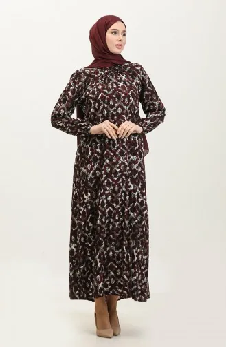 Büyük Beden Desenli Viskon Elbise 44851-01 Mürdüm