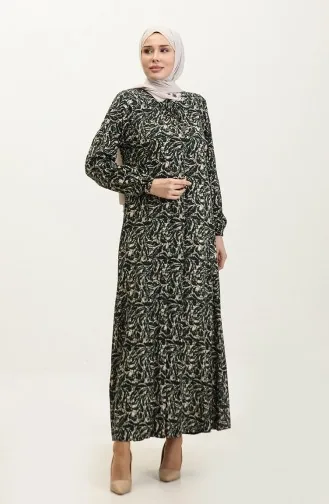 Büyük Beden Desenli Viskon Elbise 44851C-01 Zümrüt Yeşil