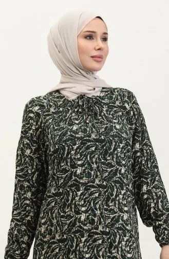 Büyük Beden Desenli Viskon Elbise 44851C-01 Zümrüt Yeşil