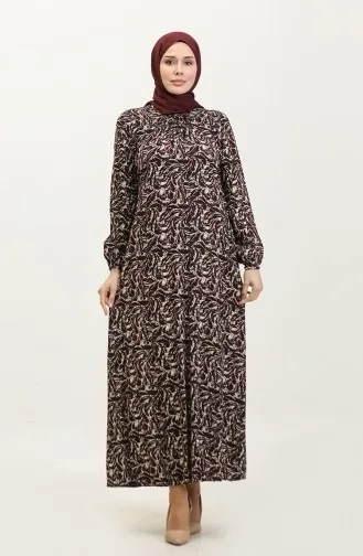 Büyük Beden Desenli Viskon Elbise 44851C-02 Mürdüm