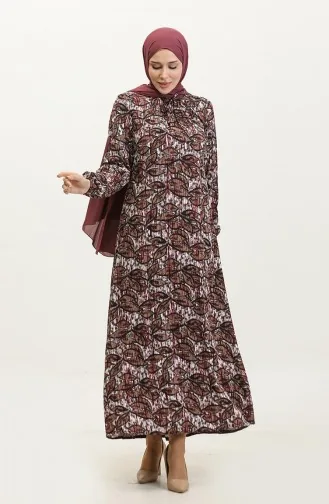 Büyük Beden Desenli Viskon Elbise 44851D-02 Mürdüm