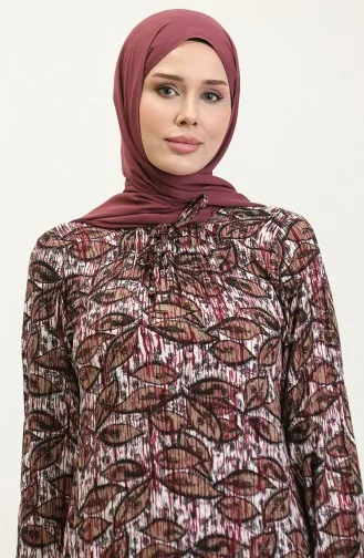 Büyük Beden Desenli Viskon Elbise 44851D-02 Mürdüm