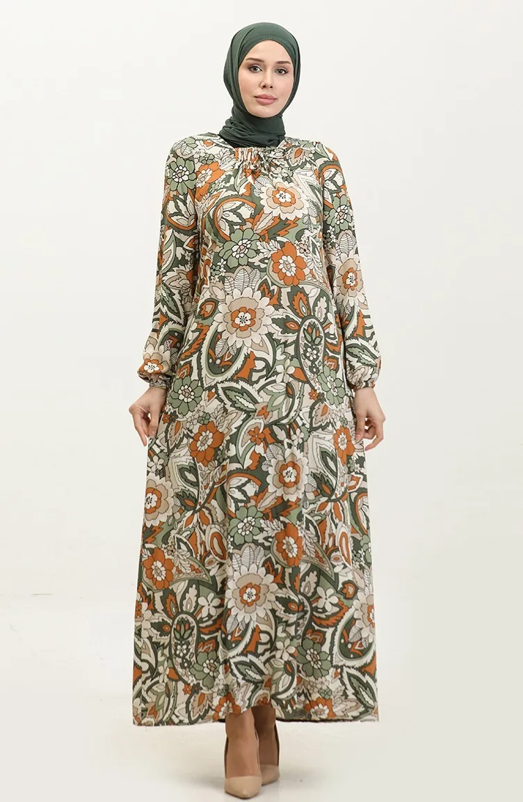 Plus Size Patterned Viscose Dress 44851E-04 Khaki 44851E-04