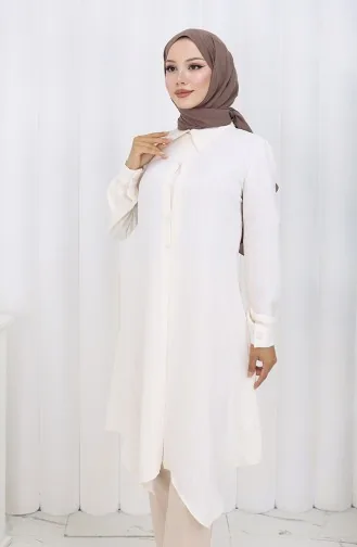 Printed Buttoned Tunic 1102-07 Ecru 1102-07