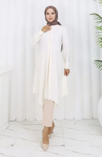 Printed Buttoned Tunic 1102-07 Ecru 1102-07