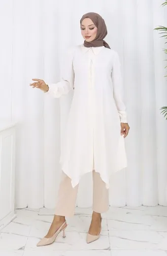 Printed Buttoned Tunic 1102-07 Ecru 1102-07