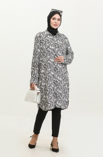 Büyük Beden Desenli Gömlek Tunik 2022-05 Beyaz