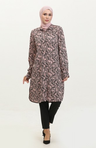 Büyük Beden Desenli Gömlek Tunik 2022-06 Gül Kurusu