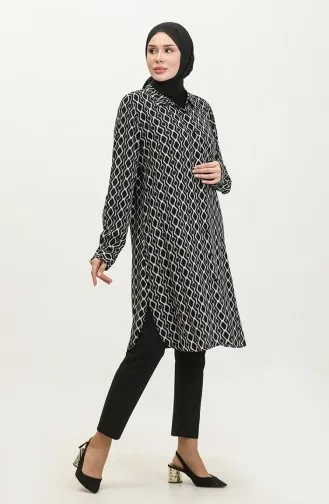 Gemusterte Hemdtunika In Übergröße 2022A-01 Schwarz 2022A-01