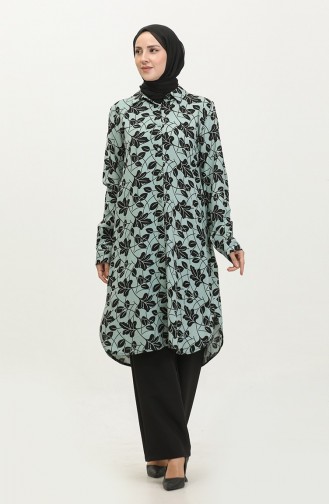 Büyük Beden Desenli Gömlek Tunik 2022D-01 Çağla Yeşil