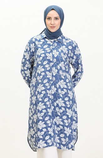 Büyük Beden Desenli Gömlek Tunik 2022D-02 Mavi