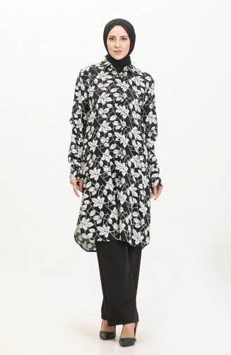 Büyük Beden Desenli Gömlek Tunik 2022D-04 Siyah