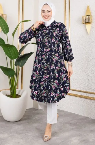 Asel Tunique Viscose Fleurie 0174-03 Bleu Marine 0174-03