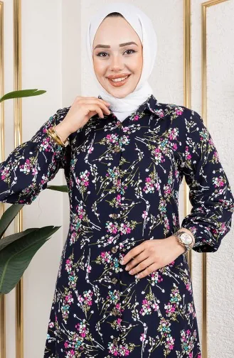 Asel Tunique Viscose Fleurie 0174-03 Bleu Marine 0174-03