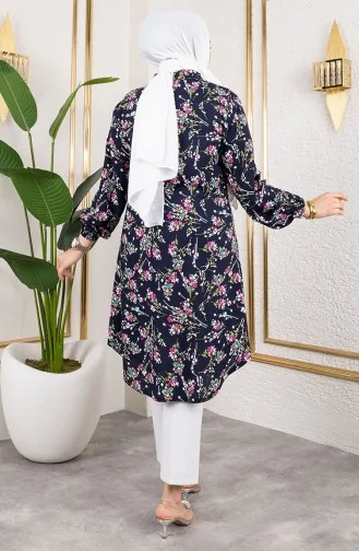 Asel Tunique Viscose Fleurie 0174-03 Bleu Marine 0174-03