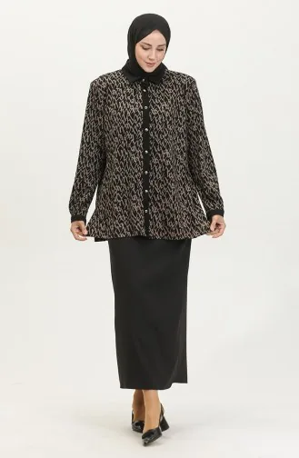 Büyük Beden Desenli Gömlek 3605-03 Vizon Siyah