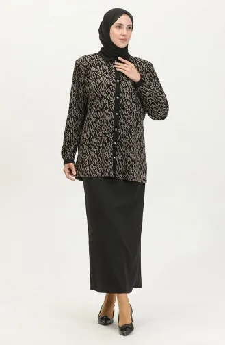 Büyük Beden Desenli Gömlek 3605-03 Vizon Siyah